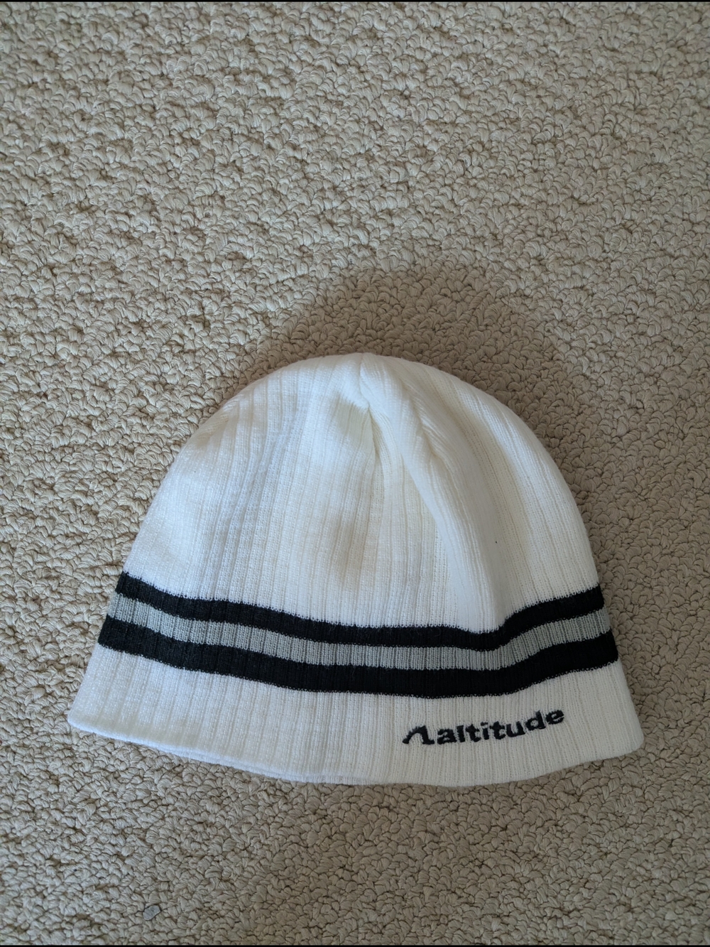 Vintage Y2K Altitude Off White Striped Ribbed Knit Beanie Toque OS